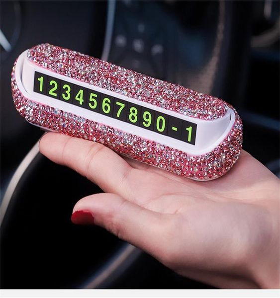 interior decorations diamond inlaid car temporary parking card creative lovely girl move mobile phone number plate night light hidden